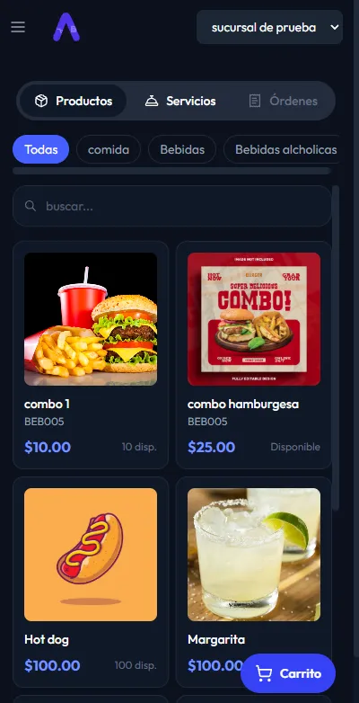 Punto de venta móvil de Ánfora con catálogo de alimentos y bebidas listo para vender